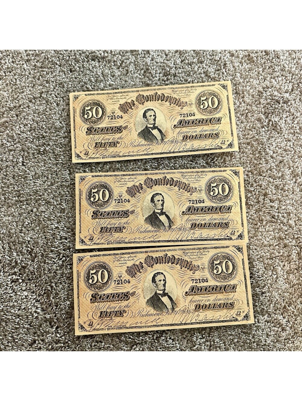 3 CONFEDERATE States $50 Dollar Bill Paper Money Note CIVIL WAR CSA FACSIMILE